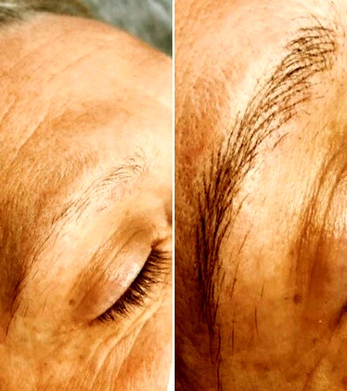 Brows before and after hair-stroke permanent makeup